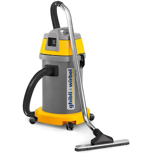 Aspirateur a cuve avec des dimensions annoncees de 410 x 410 x 760 mm, coloris gris et jaune